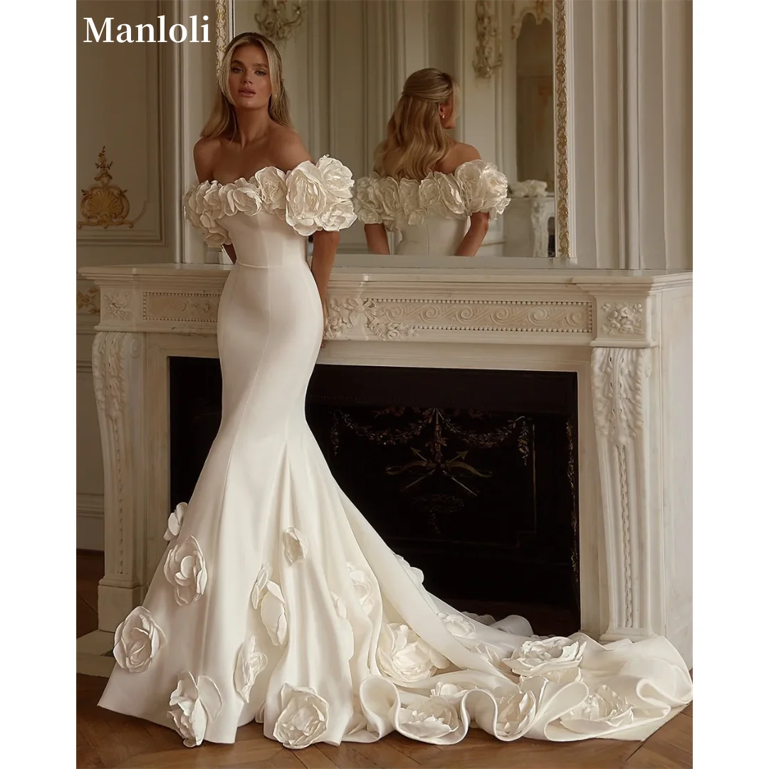 Elegant Off Shoulder 3D Flower Mermaid Wedding Dress Detachable Sleeve Length Train Formal Bridal Dress Customization 2026