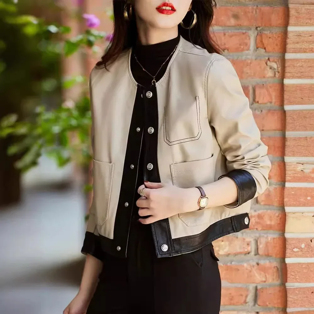 Women's Round Neck Color Block Stitched Detail Loose Cropped Faux Leather Jacket Elegant Slimming Trendy All-match Commute Coat