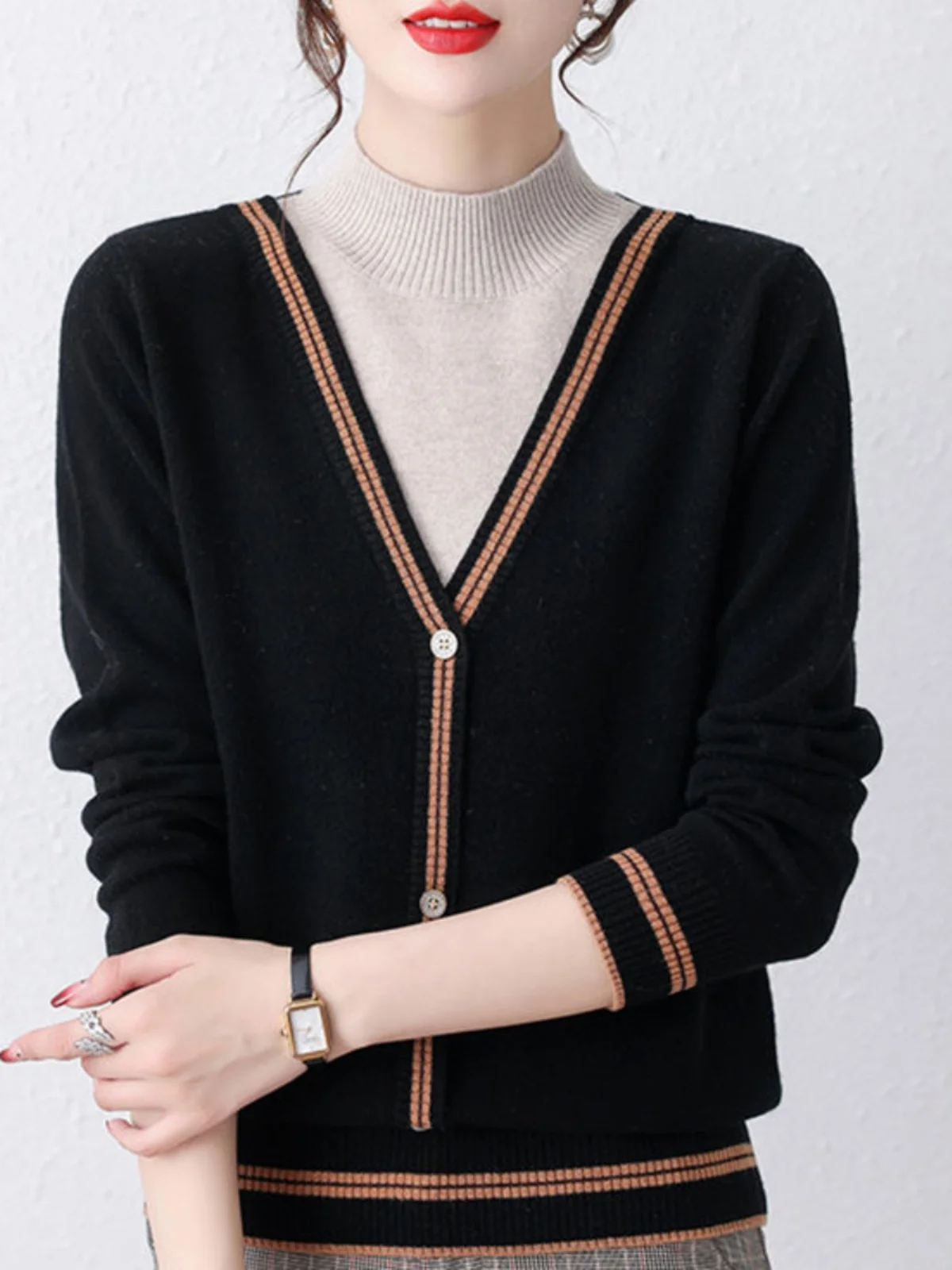 おしゃれなニットセーター-レディース-ハーフハイカラー-フェイクツーピース-ベースシャツ-イヤリングセット-春秋冬