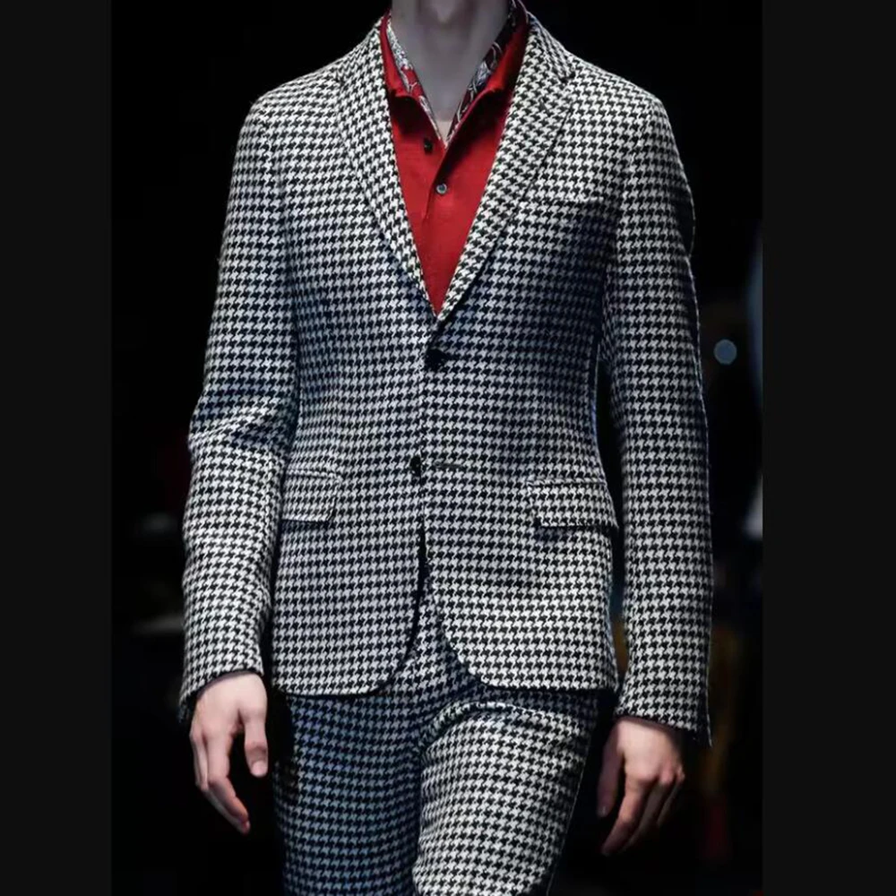 

Houndstooth Grey Suit Attire For Men Single Breasted Jacket Pants 2 Pieces Sets Plaid Groom Wedding Tuxedos Outfits Customized