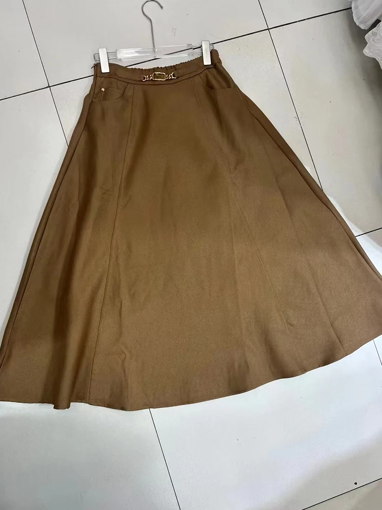 Vintage solid color metal chain elastic high-waist skirt 2024 fall women\'s new fashion loose big swing A line pongee skirt