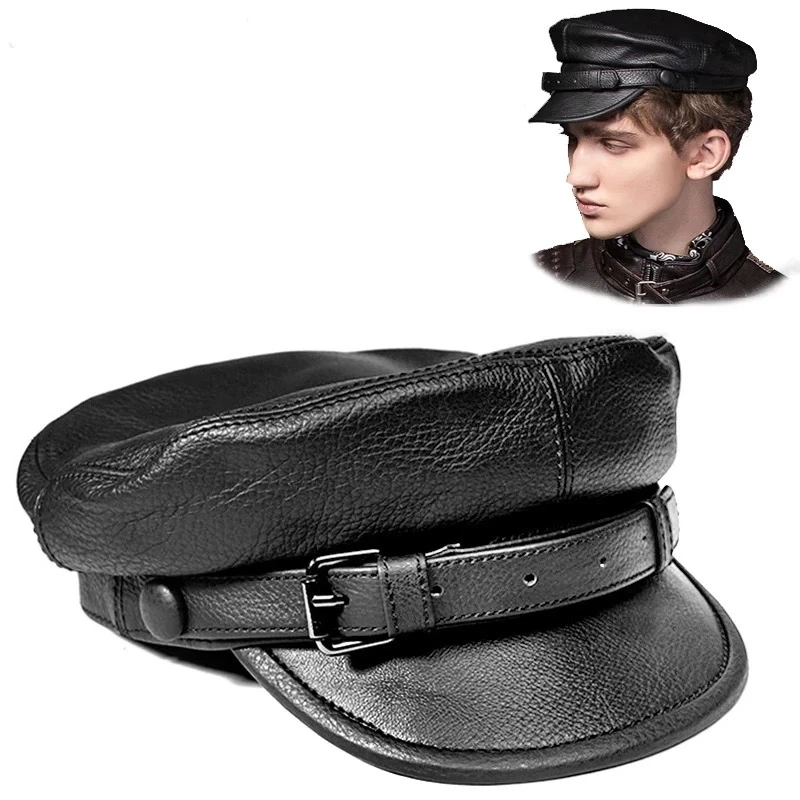 Unisex South Korean Style Genuine Leather Fitted Flat Military Hat For Man Woman Personality Locomotive Punk Black Baseball Caps