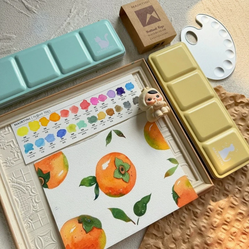 Mairtini Student Grade Solid Watercolor Paint 24 Colors Set Iron Box with Portable Palette Watercolor Painting Art Supplies