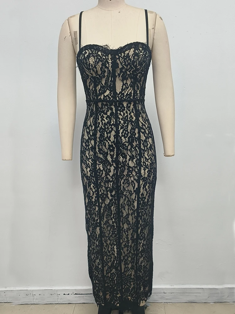 2025 Women Black Lace Sleeveless Sexy Breast Wrap Halter Slim Fit Bodycon Long Dress Nightclub Party Evening Hot Chick Outfit