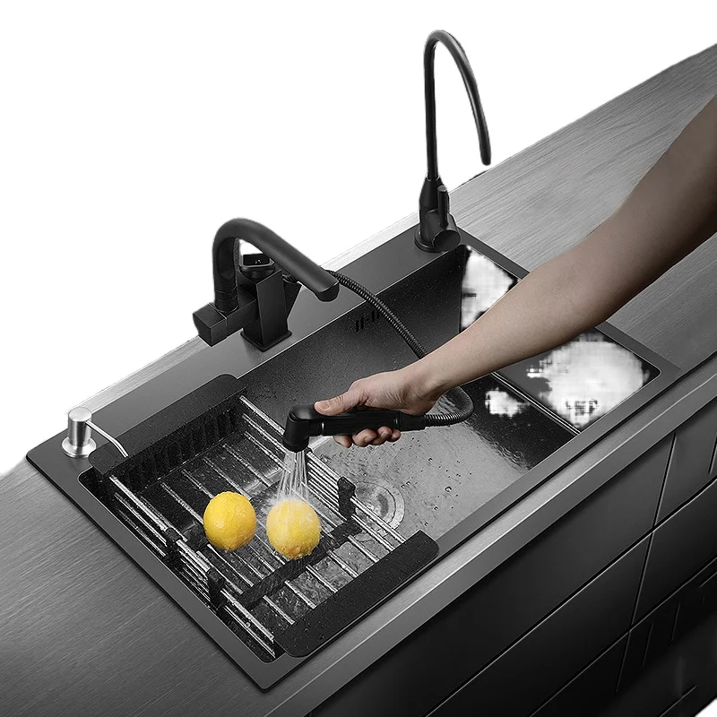 

Multiple Sizes Stainless Steel Kitchen Sink Black Nano Single Bowl Wash Basin Kitchen Accessories Drain Set Topmount/Undermount