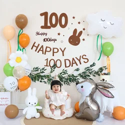 Baby Shower Happy 100days Balloon Set Boy Girl Party 30days Rabbit Balloon Backdrops Decoration Leaves Rattan Brown Flag Kit