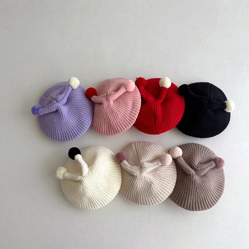 Topi Baret Anak Lucu Bahan Plush Warna Solid, Topi Pelukis Anak, Topi Kupluk Wol Hangat Musim Dingin, Topi Rajut Bayi Usia 3-5 Tahun