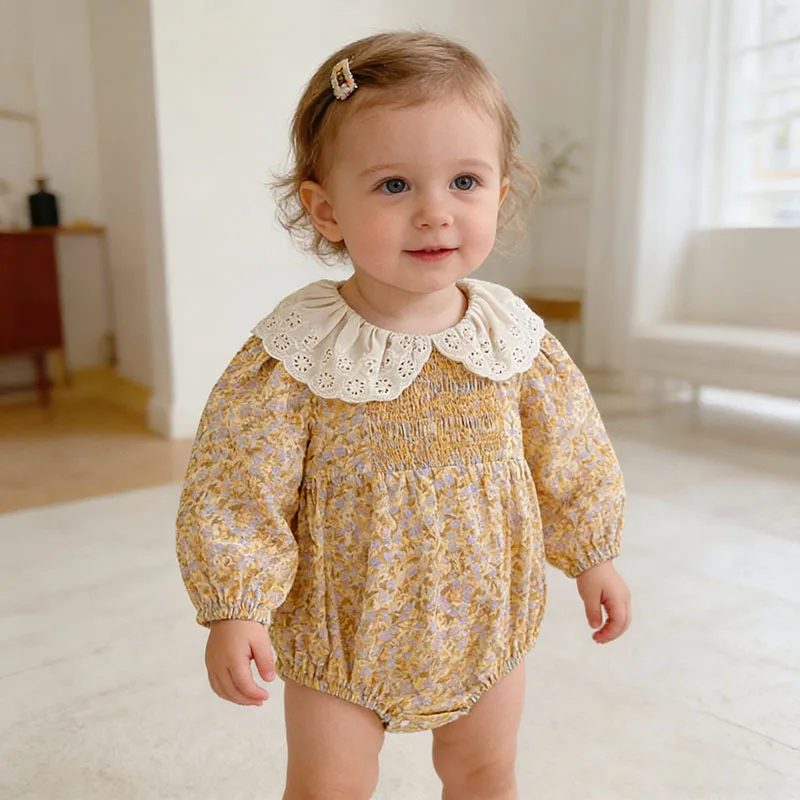 Jumpsuits Spring Autumn Newborn Items Baby Romper Korean Style Floral Long Sleeve Bottom Covering Outfit for Crawling Babies