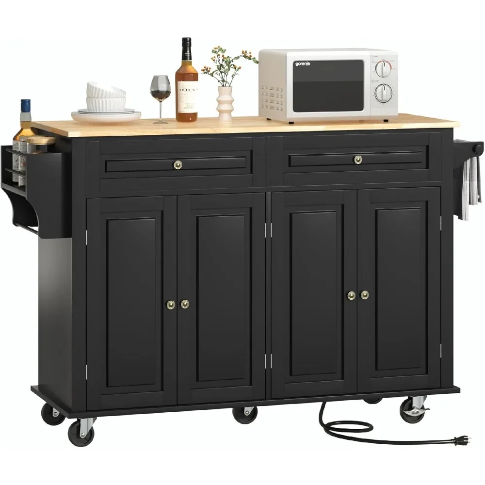 55 Inch Movable Kitchen Island with Pull-down Panel and Power Outlet, Island Style Cart with Storage Cabinet