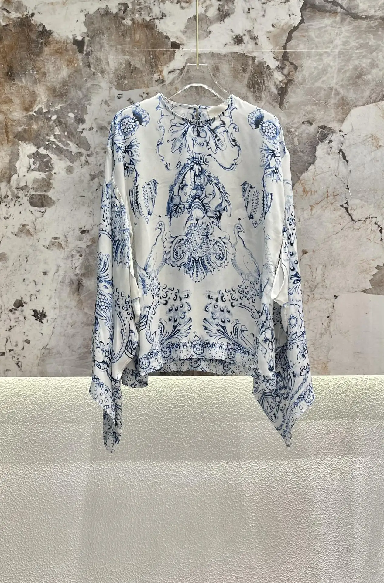 Women Shirt Blue Flower Printed Flare Long Sleeve 100% Silk Blouse