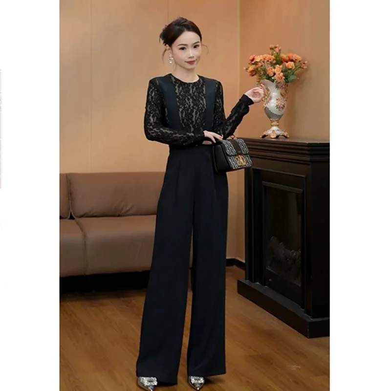 

Модный комбинезон с кружевными вставками и длинными брюками, женские брюки с высокой талией и широкими штанинами, новинка весны, модель D3506, полиэстер, производство Китай