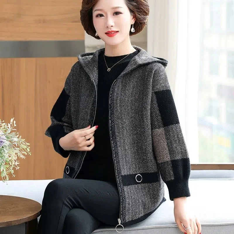 2023 Autumn Winter New Style on Clothes Middle-aged Women\'s Cardigan Middle-aged Elderly Hooded Coat 40 Years old 50 Solid Color