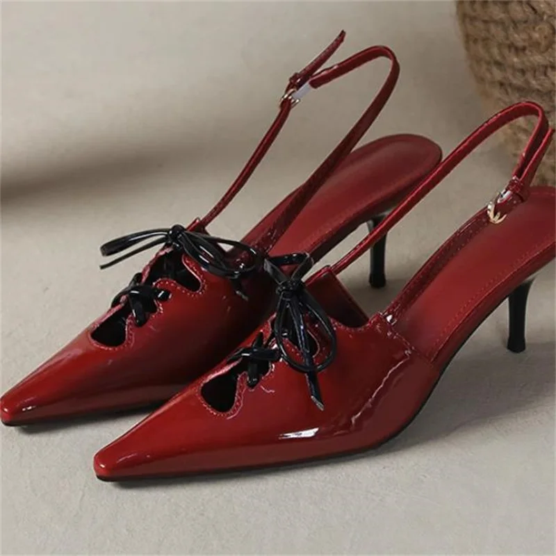 Crossover Strap Shoes for Women Pointed Toes High Heels Lace-up Female Pumps Buckle Zapatos Mujer Patent Leather Chassure Femme