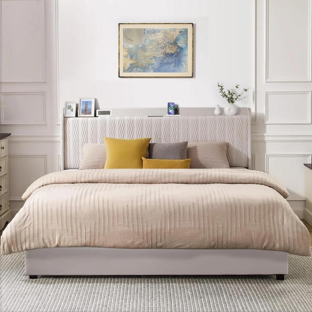 

King Size Bed Frame, Velvet Upholstered Platform Bed with Refined Ruching, King Bed Frame Built-in Charging Station with 4 Drawe
