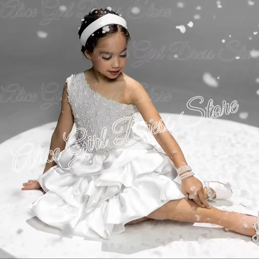 

Customized White Flower Girl Dresses for Wedding One Shoulder Girl First Communion Beaded Knee Length Kids Birthday Party Gowns