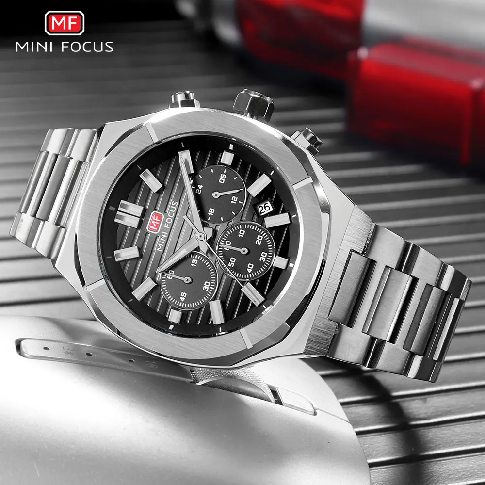MINI FOCUS Mens Watches Fashion Casual Multifunction Quartz Watch with Luminous Hands Stainless Steel Band Chronograph Calendar