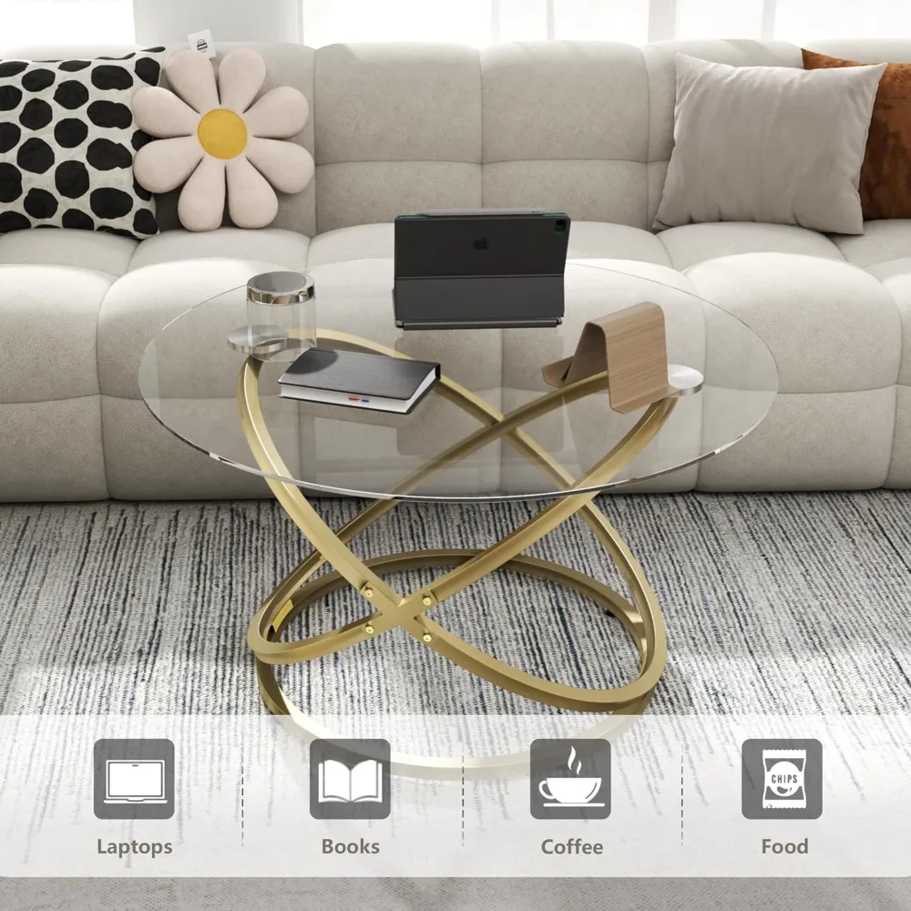 31 Glass Coffee Table, Modern End Table with Ring Gold Metal Frame, Round Glass Coffee Table for Decoration, Small Gold Coffee T