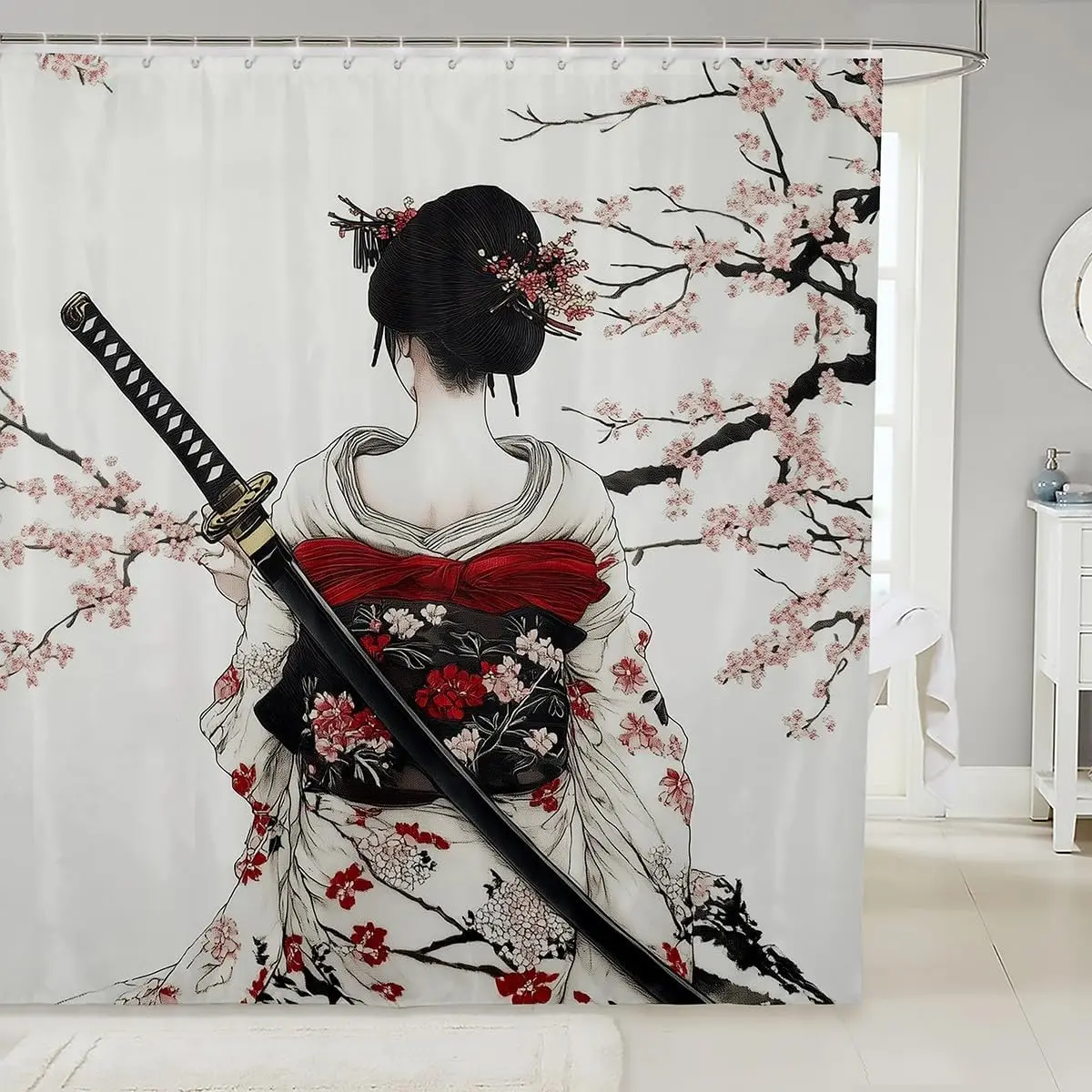 

Занавеска для душа в японском стиле для мальчиков и девочек, японская занавеска для ванной гейши, аксессуары для ванной комнаты с вишневым цветком, аксессуары для ванной комнаты для детей и подростков