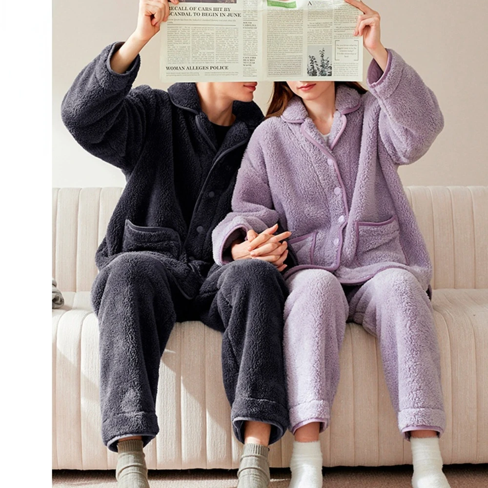 Pajamas Couple Winter Women's Thickened Simple Casual Large Size Flannel Men's Fall/Winter Home Wear Suit Coral Fleece