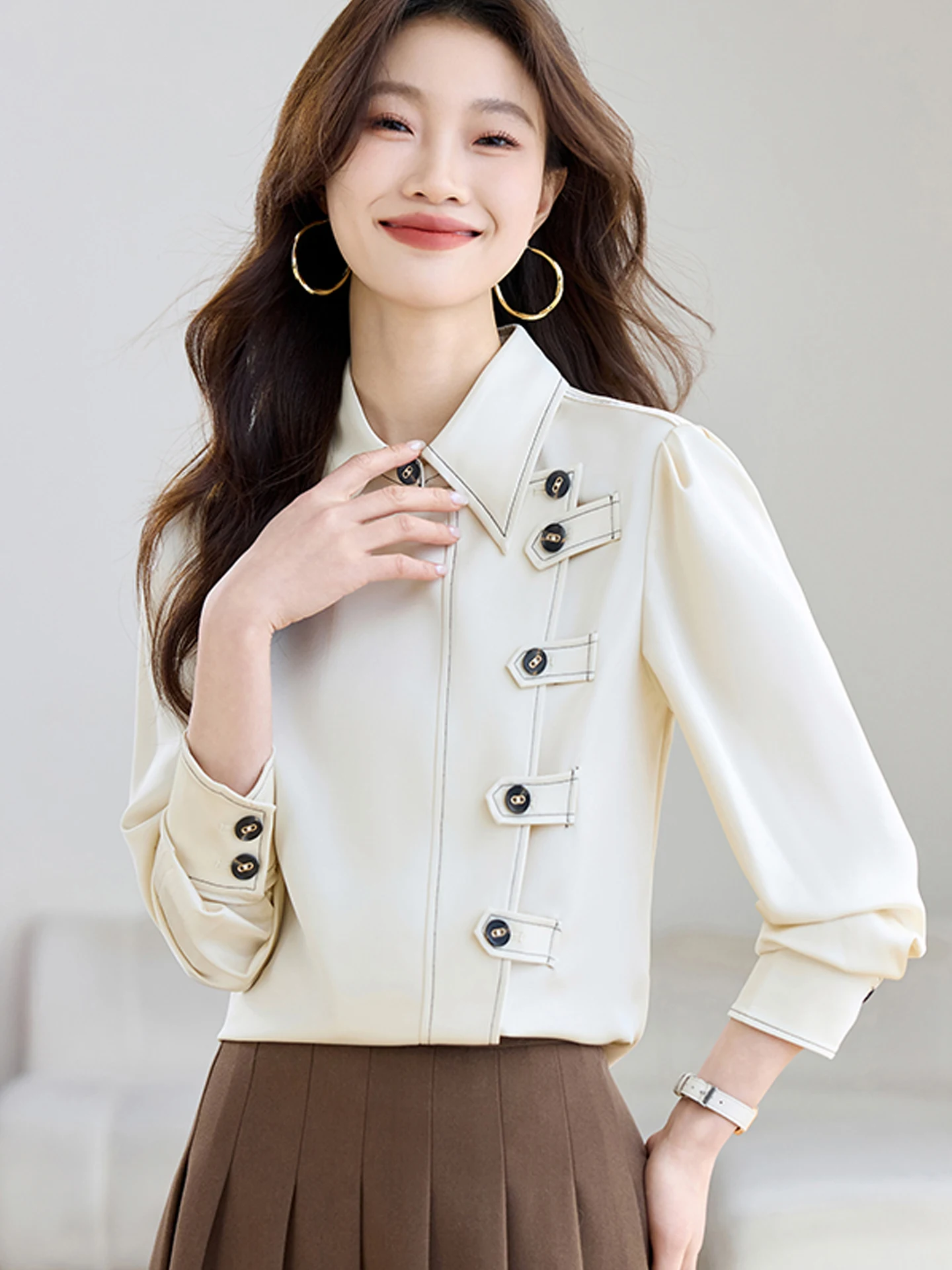 

Женская блузка с длинным рукавом, осенняя модная атласная рубашка, элегантный белый топ