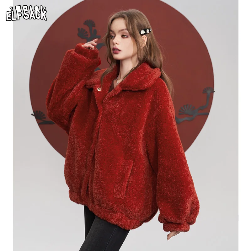

ELFSACK Red Thickening Plush Coats Women 2023 Winter Warm Jackets
