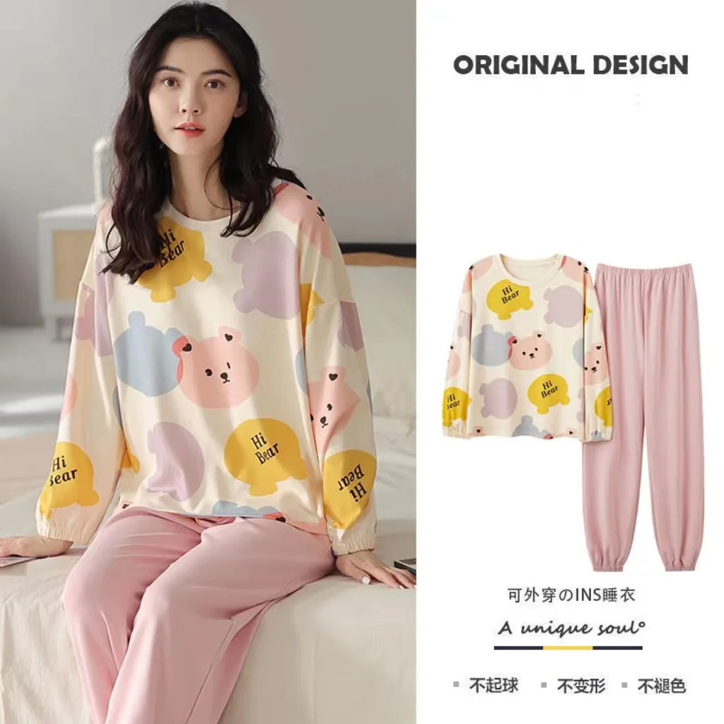 Spring and Autumn Ladies New Girly Cartoon Pajamas Long Sleeve Long Pants Extra Large Suit Autumn and Winter Home Clothes