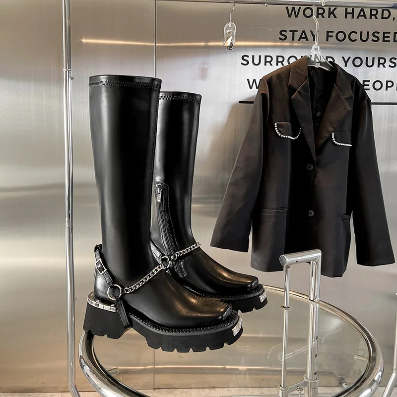 Metall Punk Stil Frauen Oberschenkel Hohe Stiefel Mode Zurück Reißverschlüsse Damen Plattform Wohnungen Ritter Kniehohe Stiefel Winter Dicke Sohle Schuhe