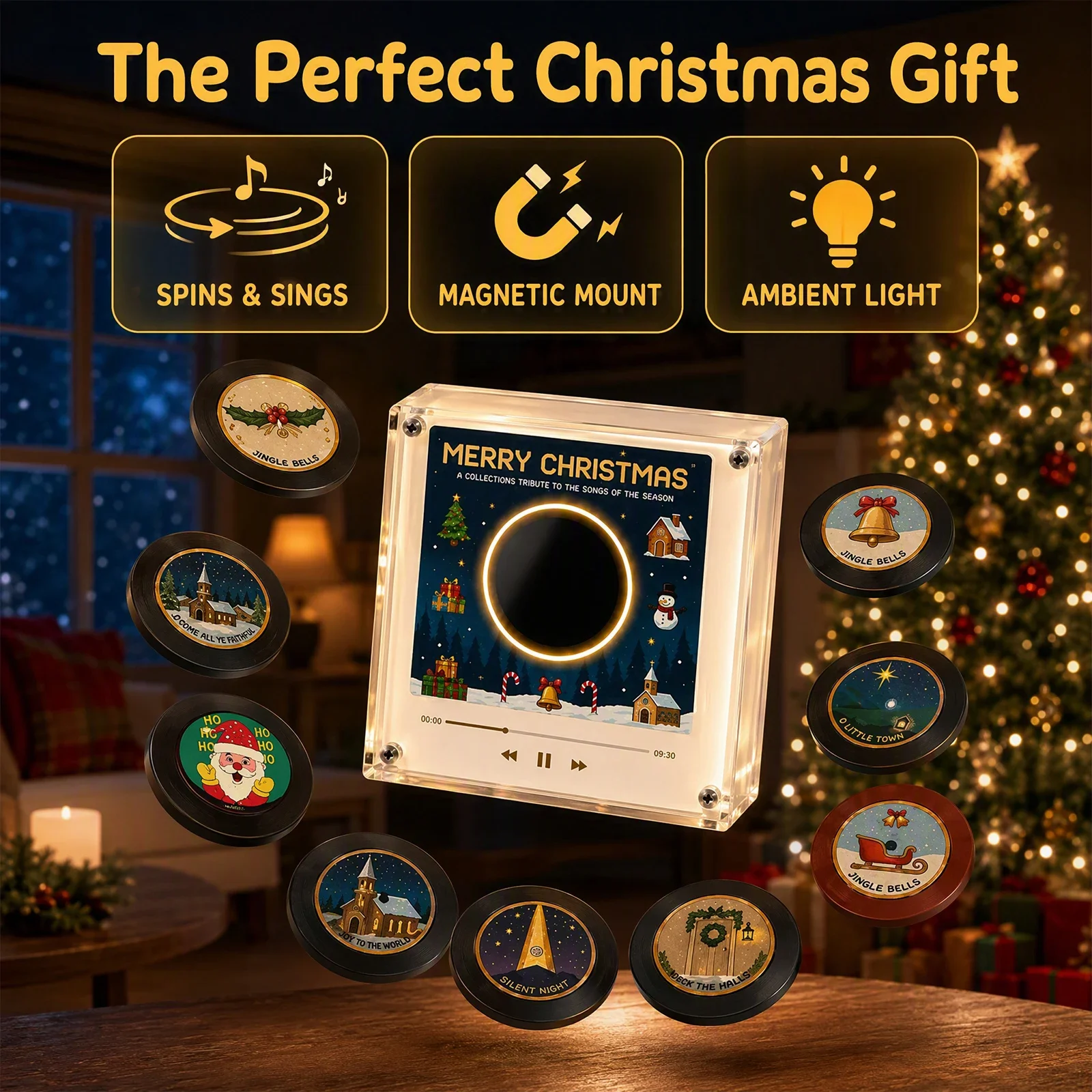 Refrigerator Magnet Singing Song Sticker Christmas NFC Music Player Automatic Disc Rotary Machine with LED Light Xmas Decor Gift