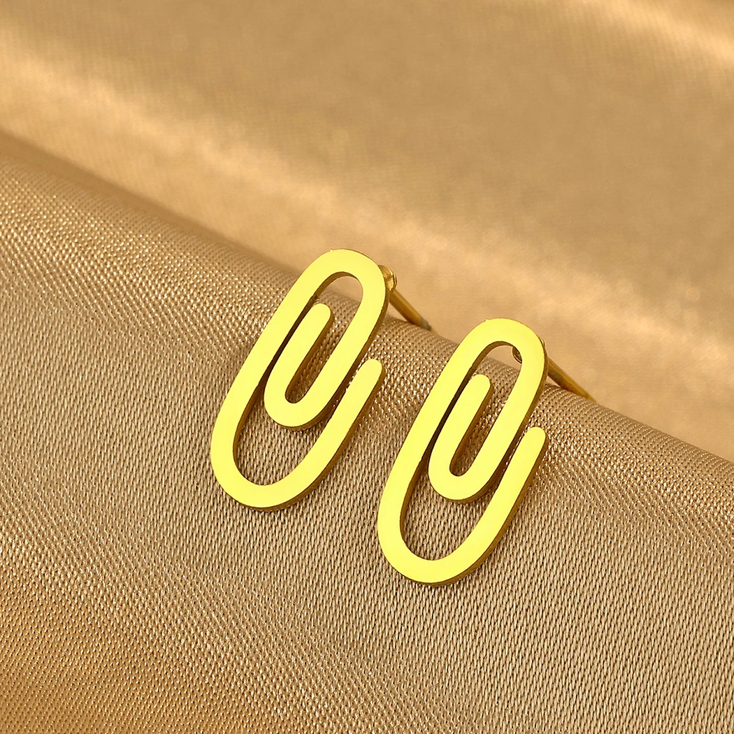 Todorova Stainelss Steel Gold Color Paperclip Stud Earrings for Women Men Punk Jewelry Birthday Party Gift