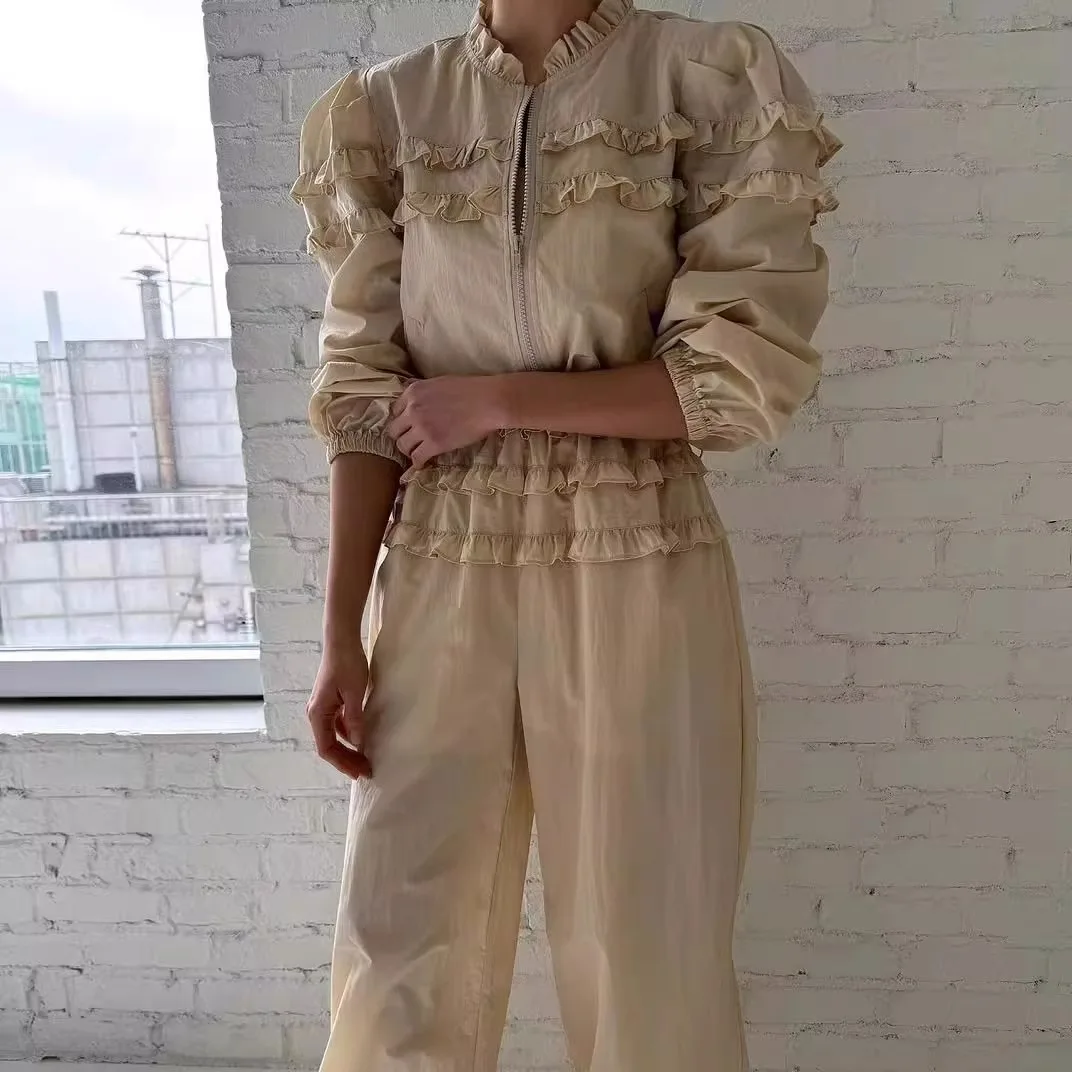 

Chic Casual Set Women's Lace Splicing Loose High Waist Wide Leg Pants Two Piece Suit Spring Faion Polyester Fabric