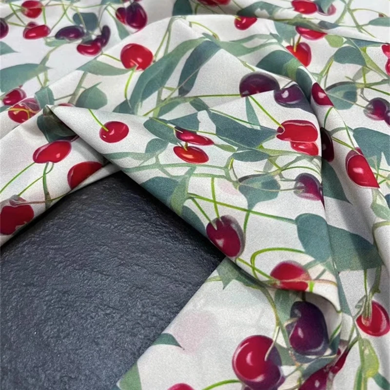 Classic Fashion Summer Cherry Print Elastic Crepe De Chine Silk Fabric Luxury Designer Dress Shirt Cloth Sewing Handmade Fabrics