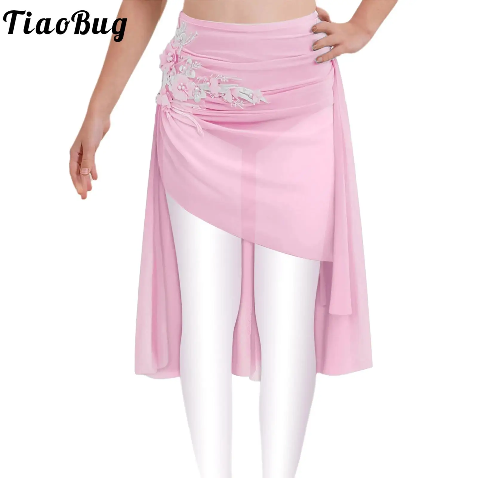 

Kids Girls Lyrical Dance Chiffon Skirts Figure Skating Dancewear Applique Asymmetrical Ruched Mesh Skirt with Built-in Briefs