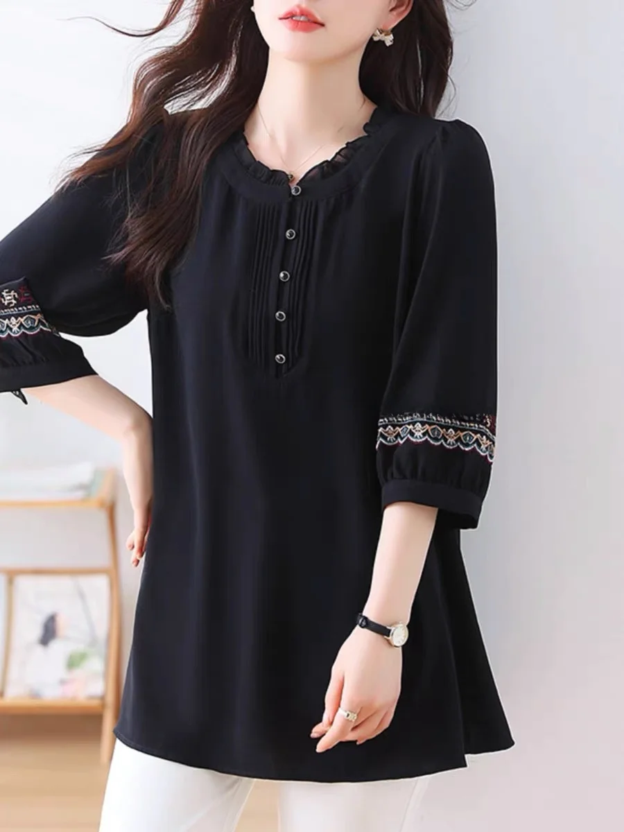 

Retro Loose Slimming Chiffon irt Women's Summer New Sle 200 Pou Large Size Ele Belly Covering ort Sve Top