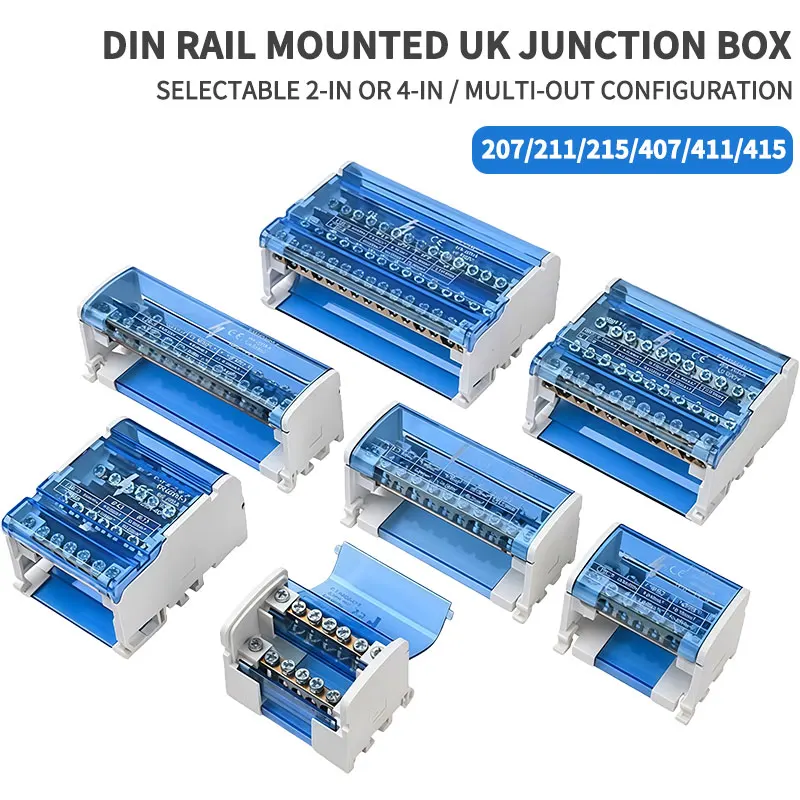 

UK207/211/215/407/411/415 DIN Rail Terminal Block, 125A Distribution Box 1/2 In Several Out, Electrical Junction Box