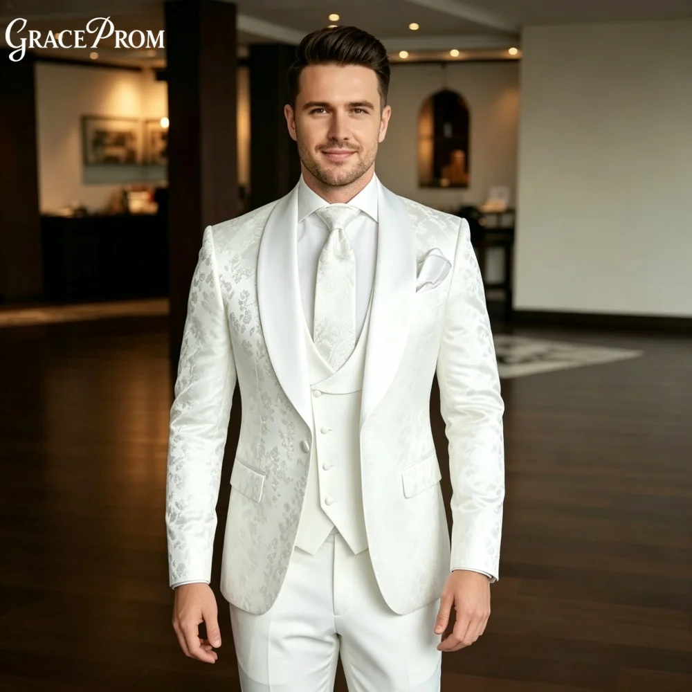 Stylish White Jacquard Men Suit Set 3PCS 2027 For Wedding Formal Business Groom Best Man Outfit Classic Customized Men's Suit