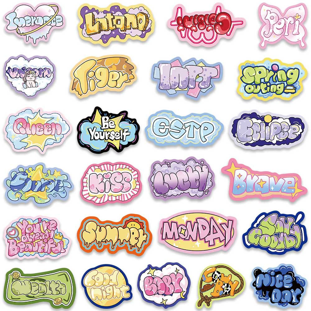 3D Graffiti Letter Stickers, Palavras bonitos dos desenhos animados, estética decorativa, Scrapbooking Papelaria, Etiqueta do telefone, Y2K, 10 pcs, 30 pcs, 50pcs