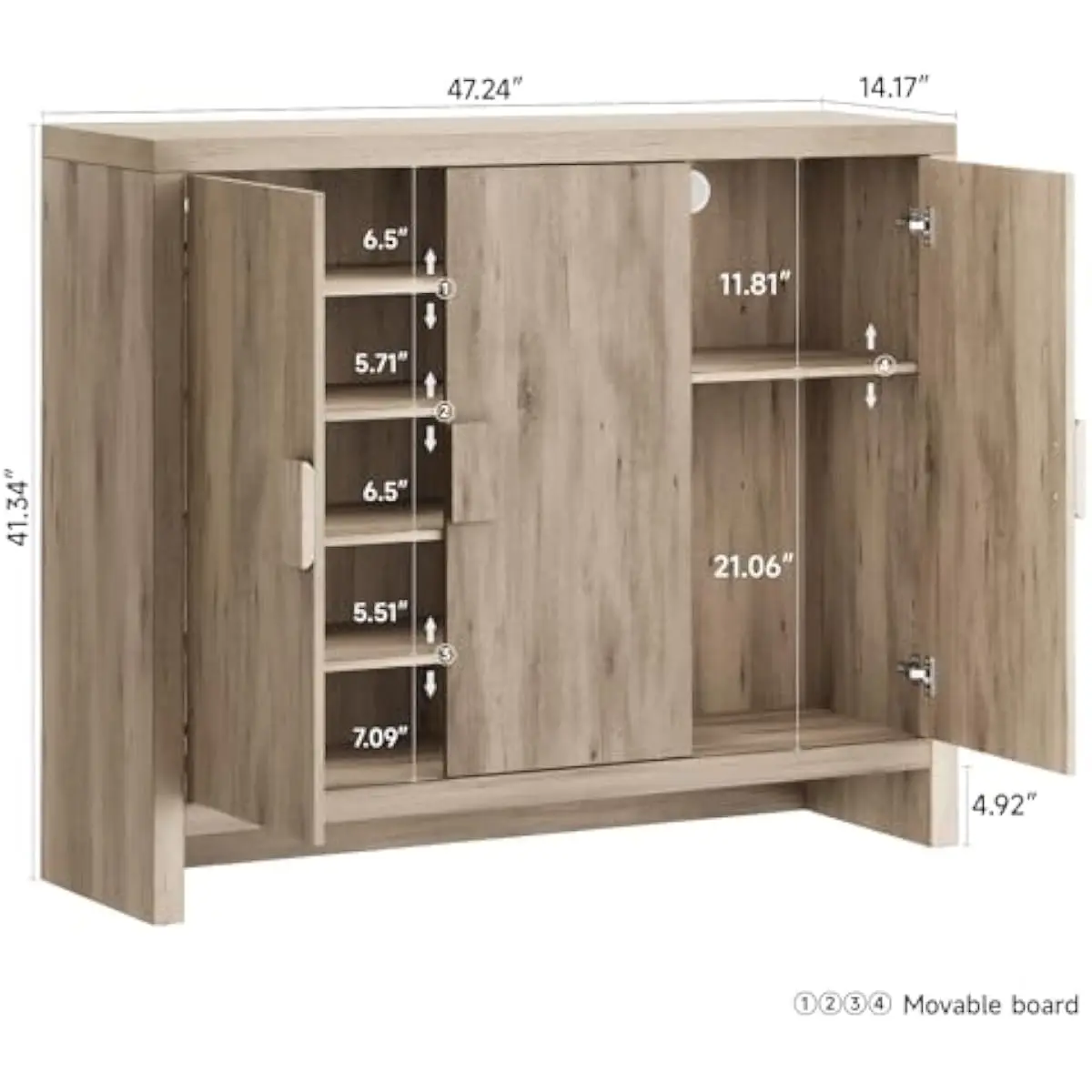 Large 3-Door Shoe Storage Cabinet with Adjustable Shelves Engineered Wood Construction 47.24 Inch Wide 41.34 Inch Tall Light Gra