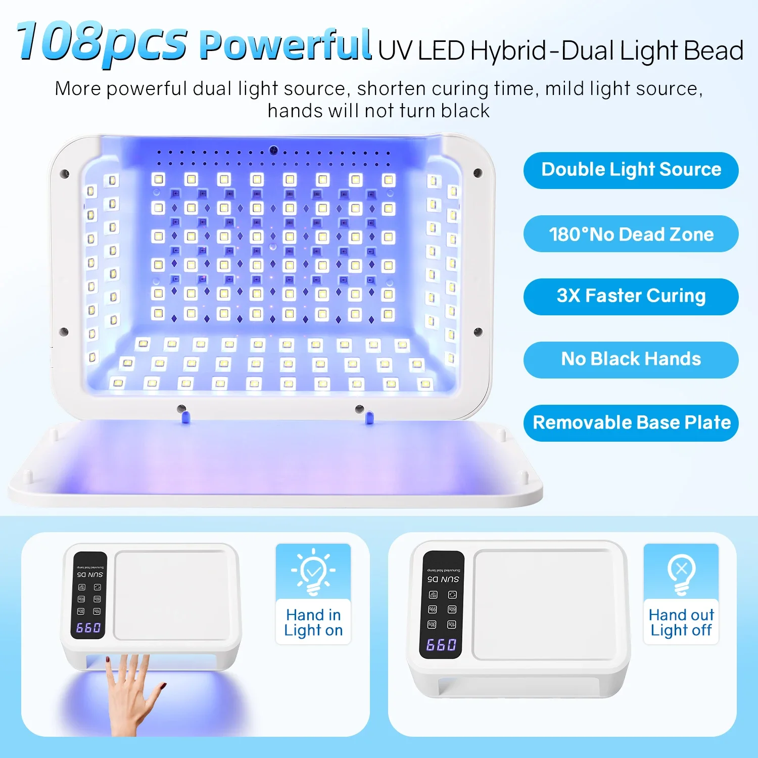 480W UV LED Lamp for Nails 108 LEDs Nail Dryer with Red Light Whitening Mode UV Light for Nail Manicure Lamp 4 Timer Settings