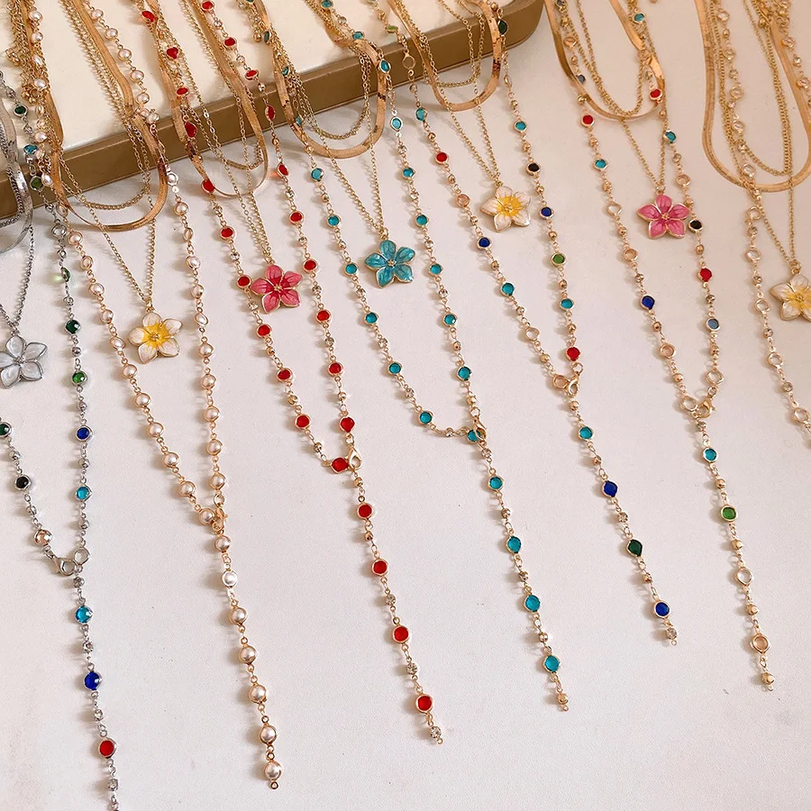 4 Pcs Multi-color Resin Beaded Tassel Chains Necklaces Dripping Oil Flower Pendant Y Choker Necklace Stackable Jewelry Set M