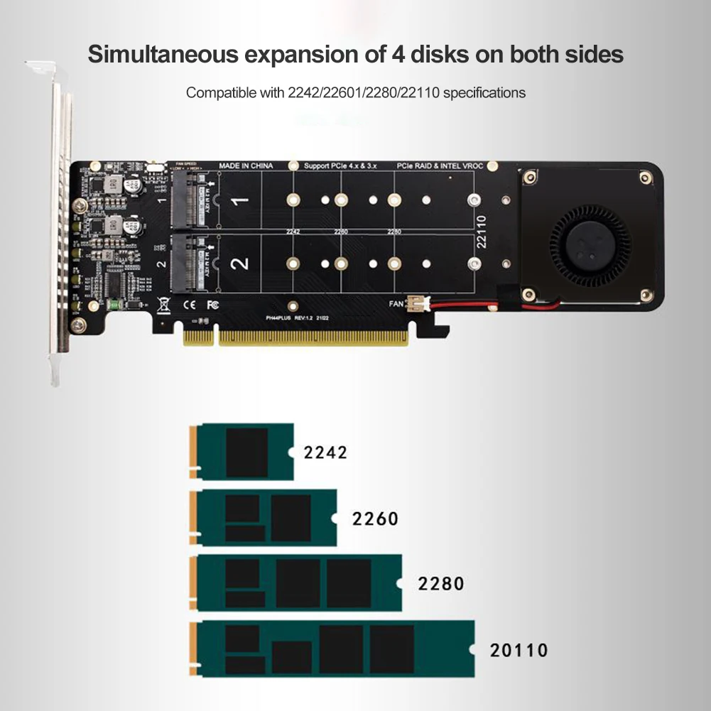 PCIe To M2 Adapter Card, PCIE 4.0 X16 4 Port M2 NVME M Key SSD Adapter 4x32Gbps M.2 NVME PCI Express X16 RAID Expansion Card