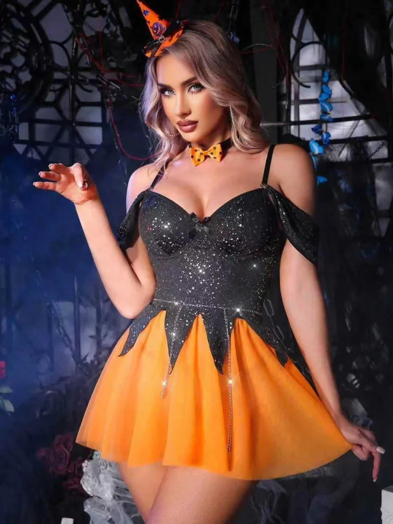 Hexen-Party-Set, gelbes Kleid, Cape-Outfit, sexy, rückenfrei, tiefer V-Hosenträger, ärmelloses Kleid, lässig, elegant, reiner Wunsch-Charm, BSNB