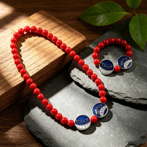 Anime One Piece Portgas D Ace Red Bead Necklace and Bracelet Charm Jewelry, Cosplay Accessory Gift for Anime Fans Unisex