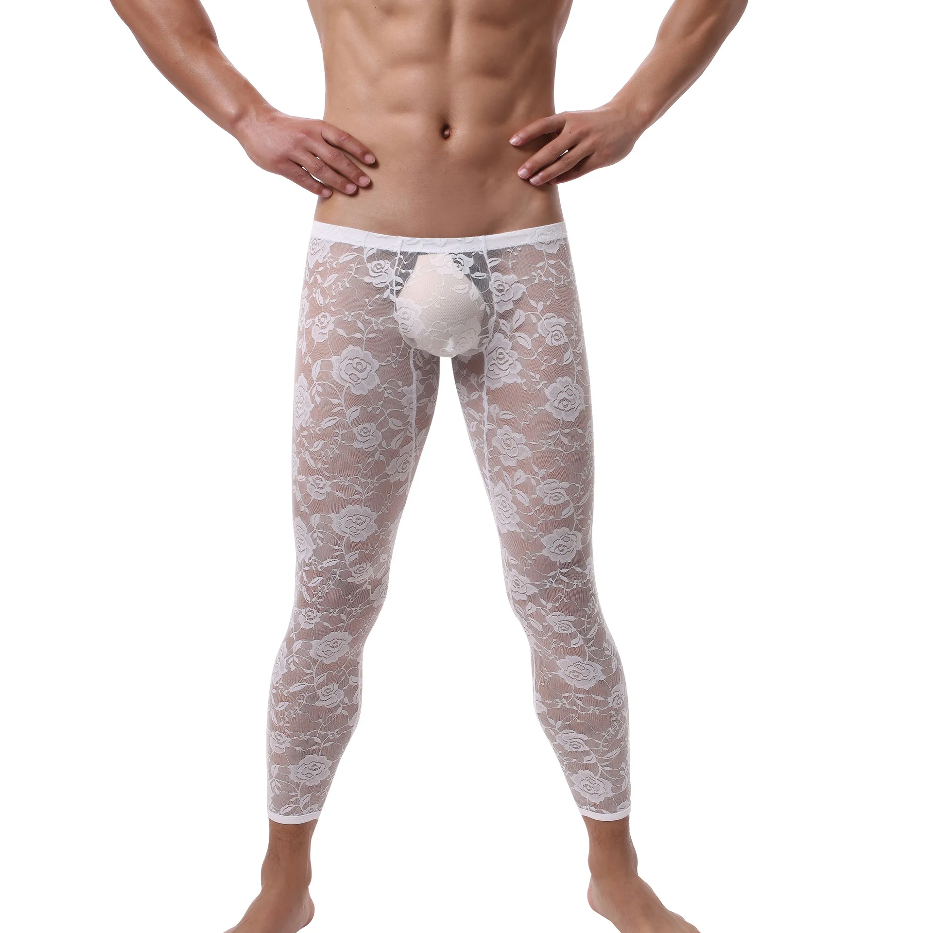 Gli uomini Pantaloni Lunghi Sexy Del Merletto Trasparente Printd Sexy Gay Uomini Della Biancheria Intima Stretto Legging Calzamaglia Invernale, Intimo Termico Skinny Fitness Equitazione Pantaloni Del Pigima E Shorts Da Notte