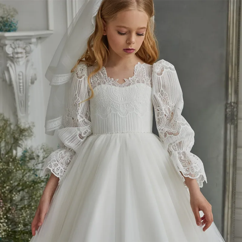 2022 Boho Bloem Meisje Jurken Voor Bruiloften Lace Lange Mouwen Knoppen Terug Communie Party Wear Tulle Prinses Bruidsjurken