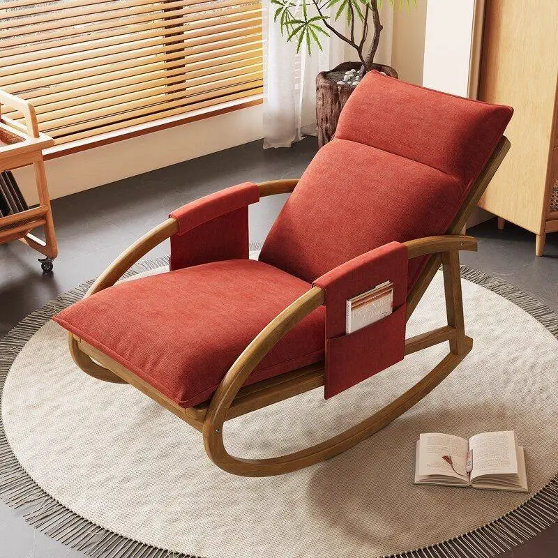 Chair Solid wood curved rocking chair, side storage bag Fabric soft bag rocking chair