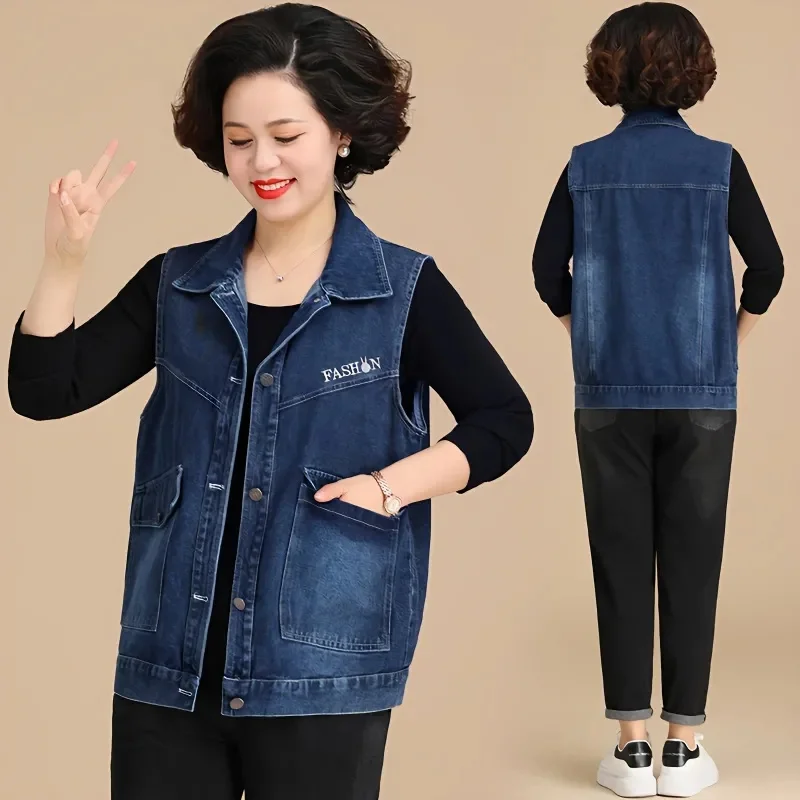 

2025 Femme Fashion Cowboy Vest Top Spring Autumn Women Denim Sleeveless Jacket Middle Aged Mother Large Size 5XL Waistcoat Coat