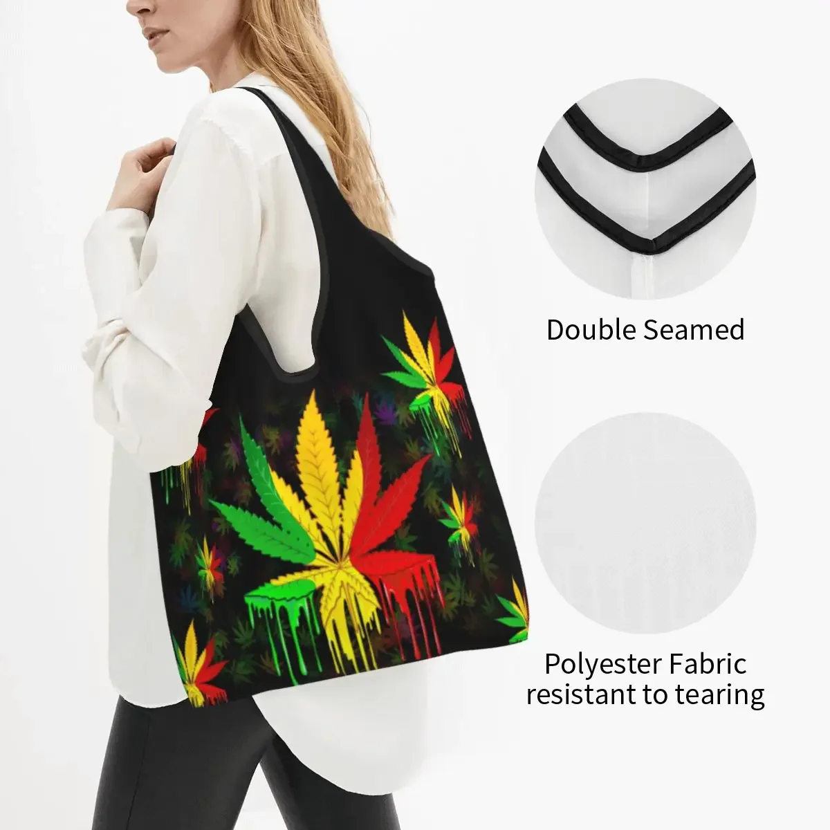 Leaf Rasta Colors Reusable Shopping Grocery Bags Foldable 50LB Weight Capacity Leaves Eco Bag Eco-Friendly Lightweight