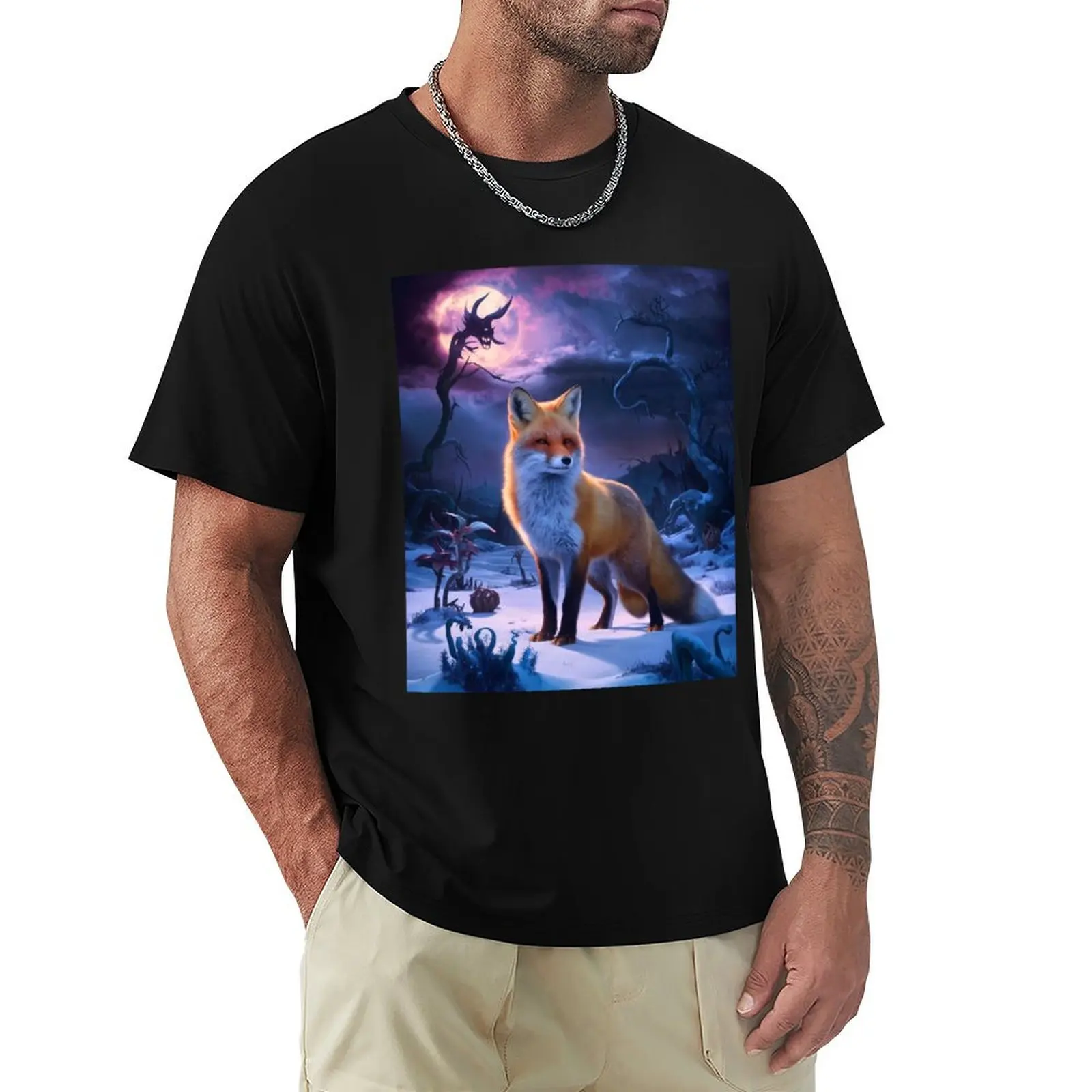 Retrato de Raposa. Camiseta estilo Hieronymus Bosch com estampa de raposa de inverno, raposa nevada, raposa vintage, pintura de raposa, camiseta para festa de fim de ano para homens
