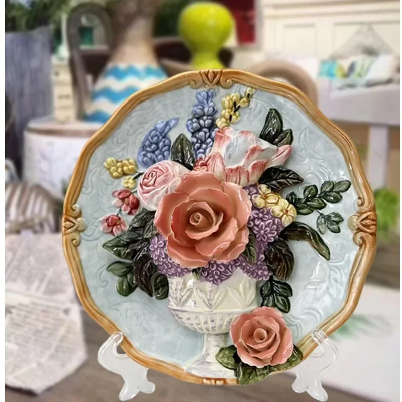 8-inch 3D Hanging Dish Hand Painted Ceramic Decorative Plate Living Room Wine Cabinet Craft Ornaments Relief Rose Home Decor