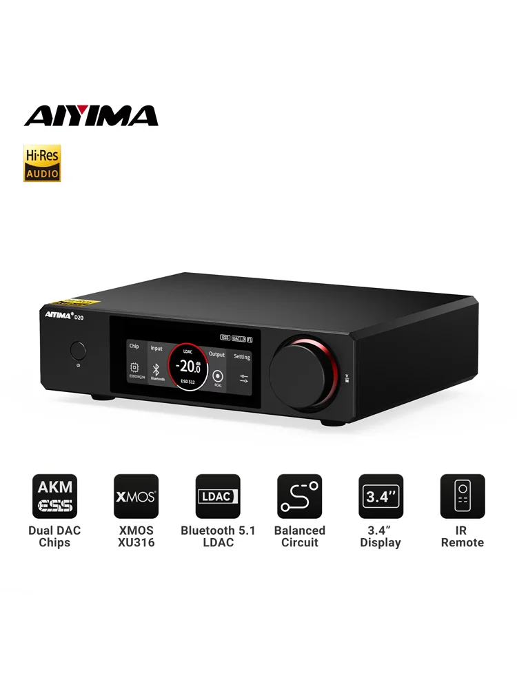 AIYIMA D20 HiFi DAC Decoder AK4493SEQ ES9039Q2M XMOS XU316 USB DSD512 Bluetooth 5.1 LDAC RCA XLR Audio-Konverter VU-Meter